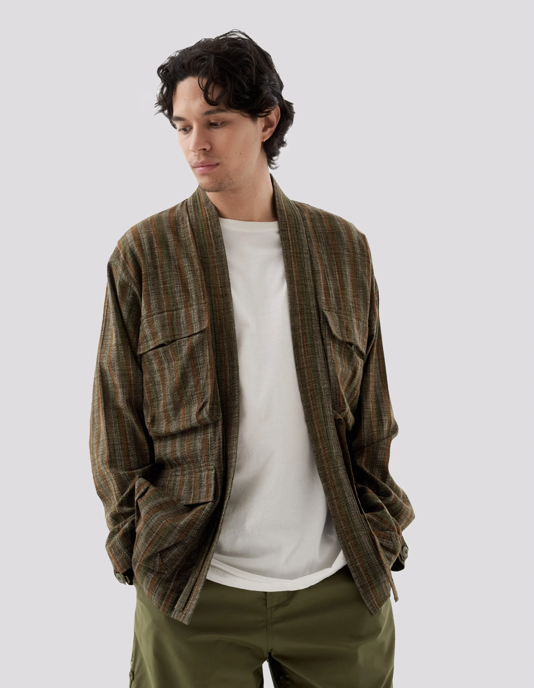 5118 Wagara Stripe Summer Kimono Olive