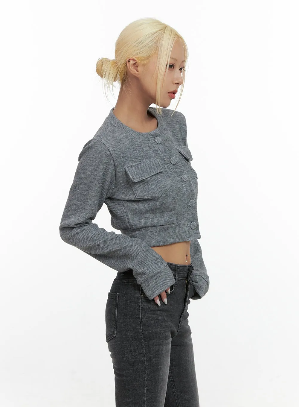 Classic Fit Button Pocket Crop Cardigan CS426