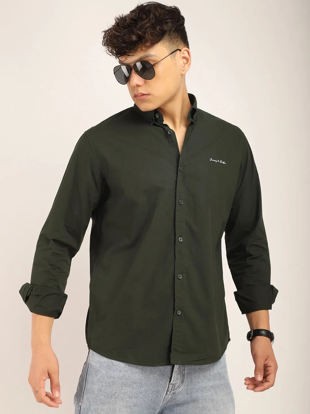 Fabric Pepar Cotton Classic Dark Green Full Sleeve Shirt