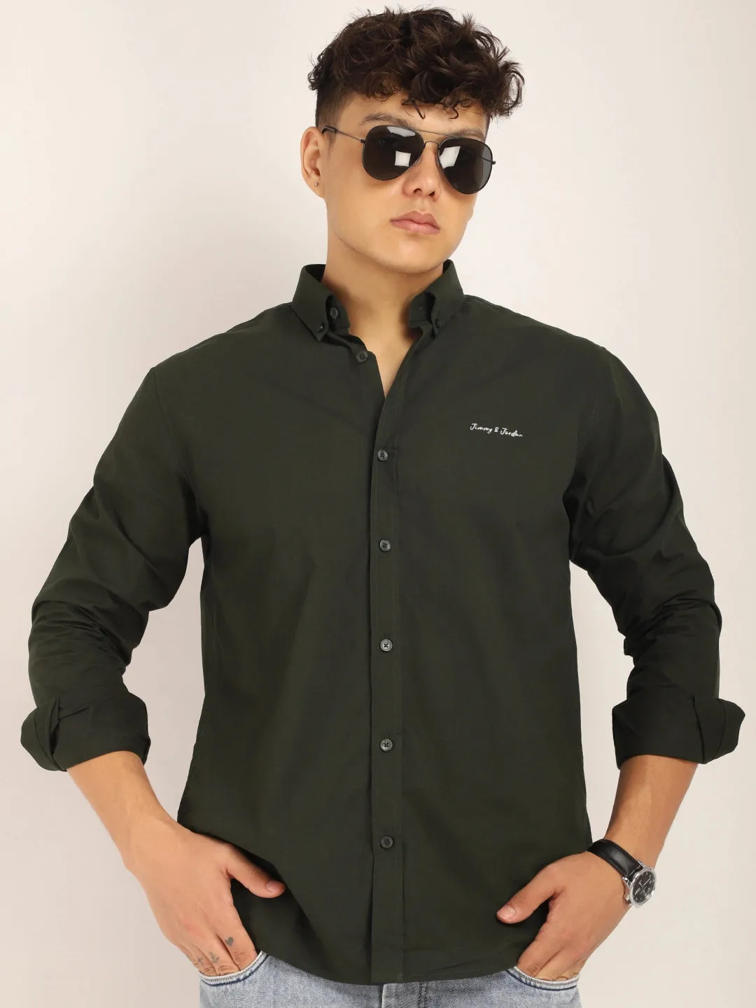 Fabric Pepar Cotton Classic Dark Green Full Sleeve Shirt