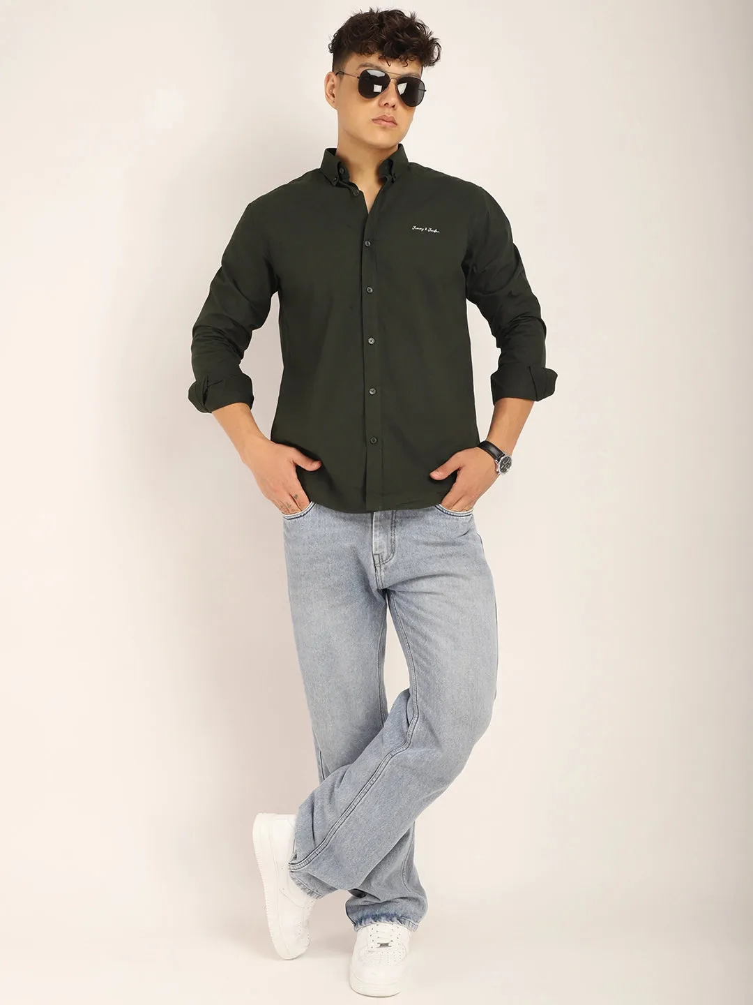 Fabric Pepar Cotton Classic Dark Green Full Sleeve Shirt