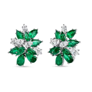 Green Emerald and Diamond Cluster Earrings
