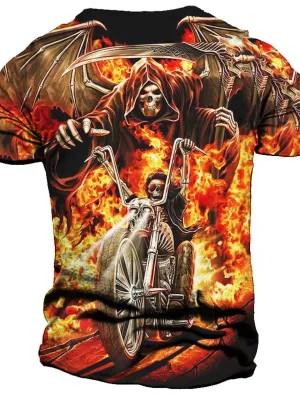Grim Reaper On Motorcycle Mens 3D Shirt For Halloween | Black Summer Cotton | Graphic Skull Flame Vintage Fashion Designer Men'S 3D Print Tee Outdoor Daily Sports Blue Orange
