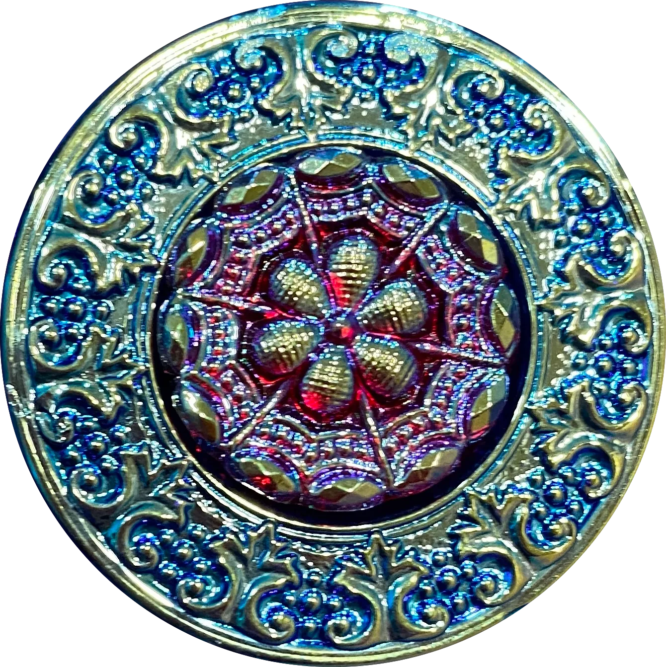 Large Turquoise/Red Iridescent Layers Czech Glass Button 1-3/8"  ##CB553