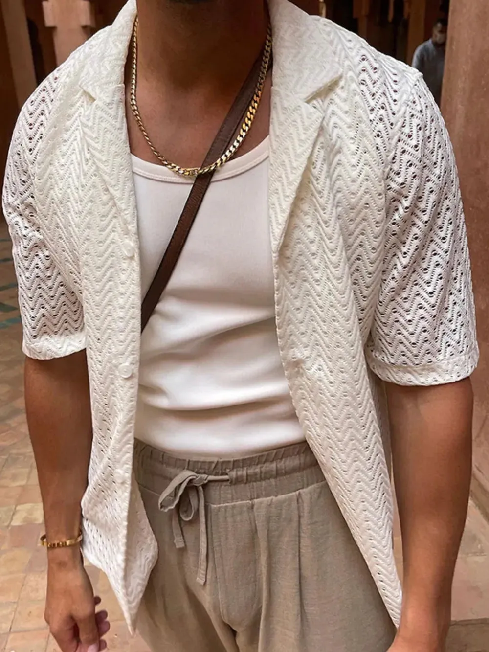Men's Plus Size Herringbone Eyelet Button Down Knit Shirt