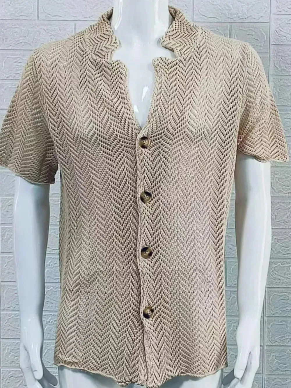 Men's Plus Size Herringbone Eyelet Button Down Knit Shirt