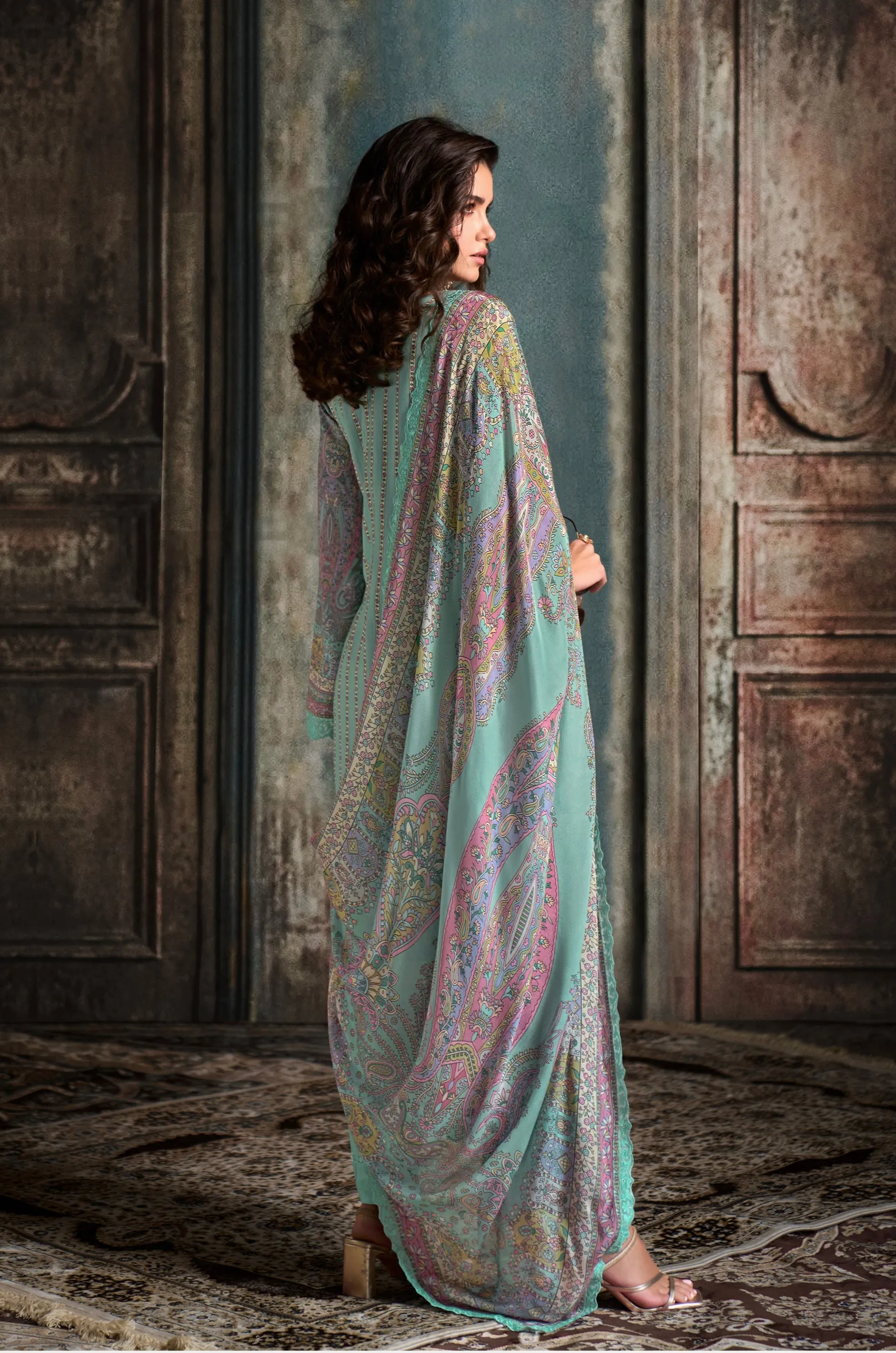 Mint Green Straight Cut Suit with Digital Print & Scalloped Embroidery