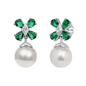 Pearl, Green Emerald & Diamond Earrings