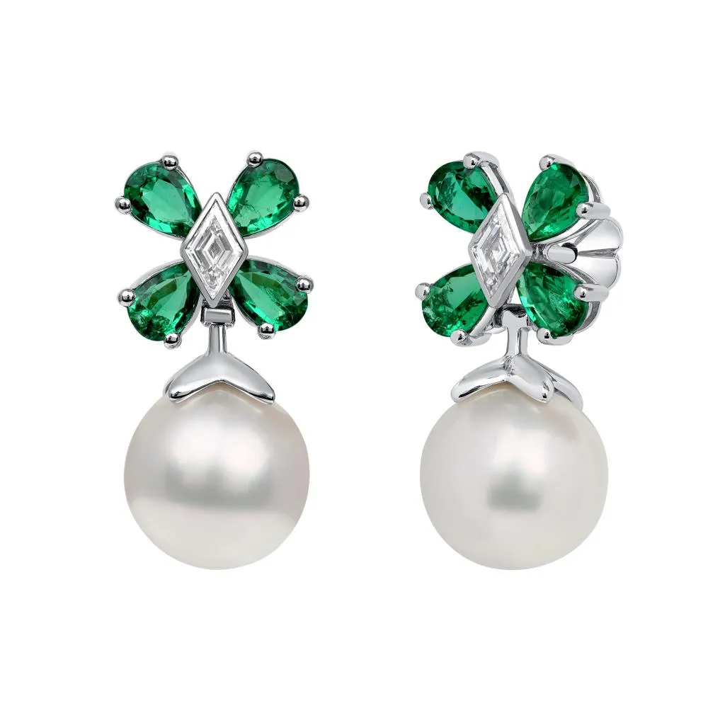 Pearl, Green Emerald & Diamond Earrings