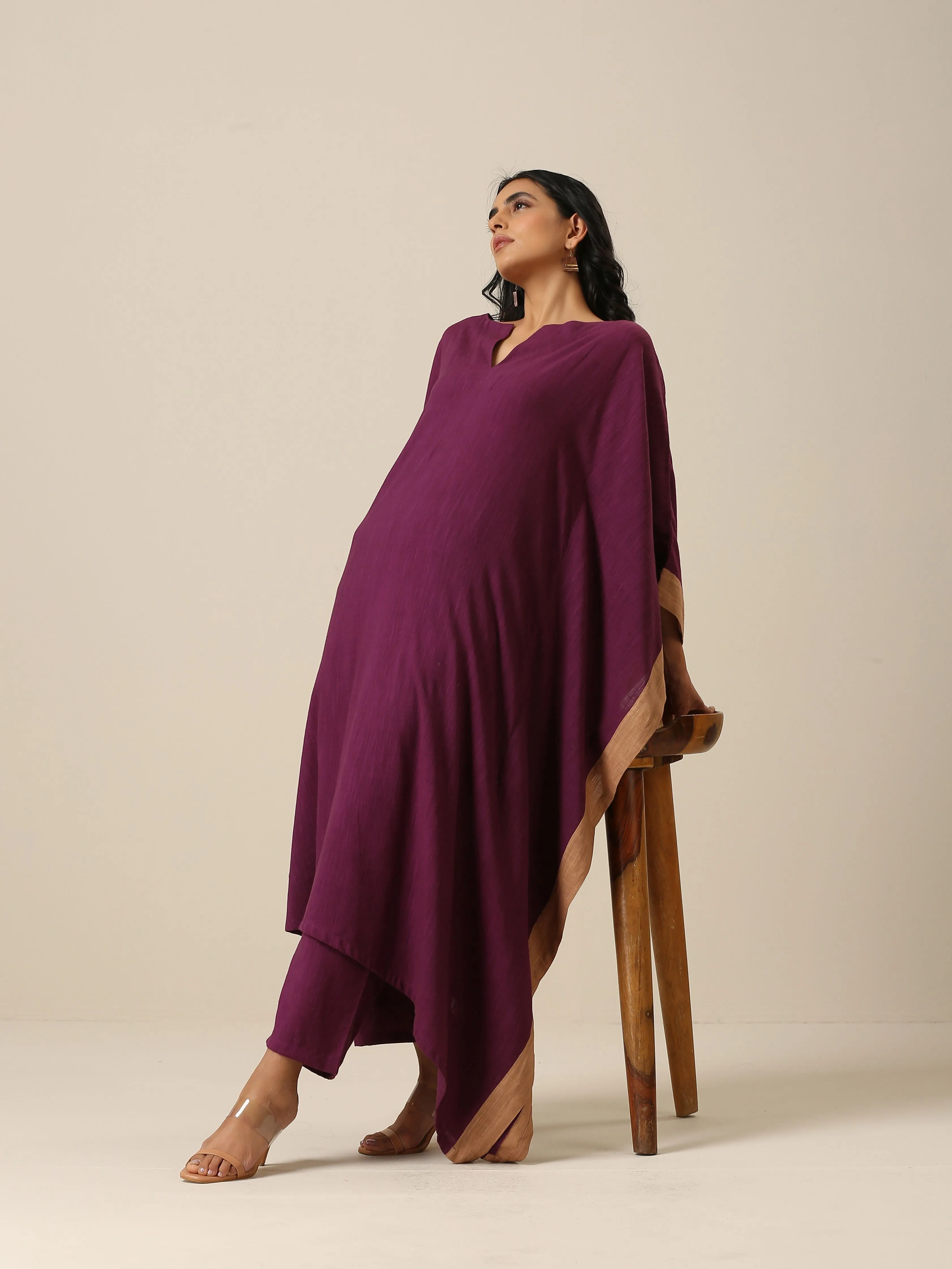 Plum Purple Slub Texture High Low Kaftan Pant Set
