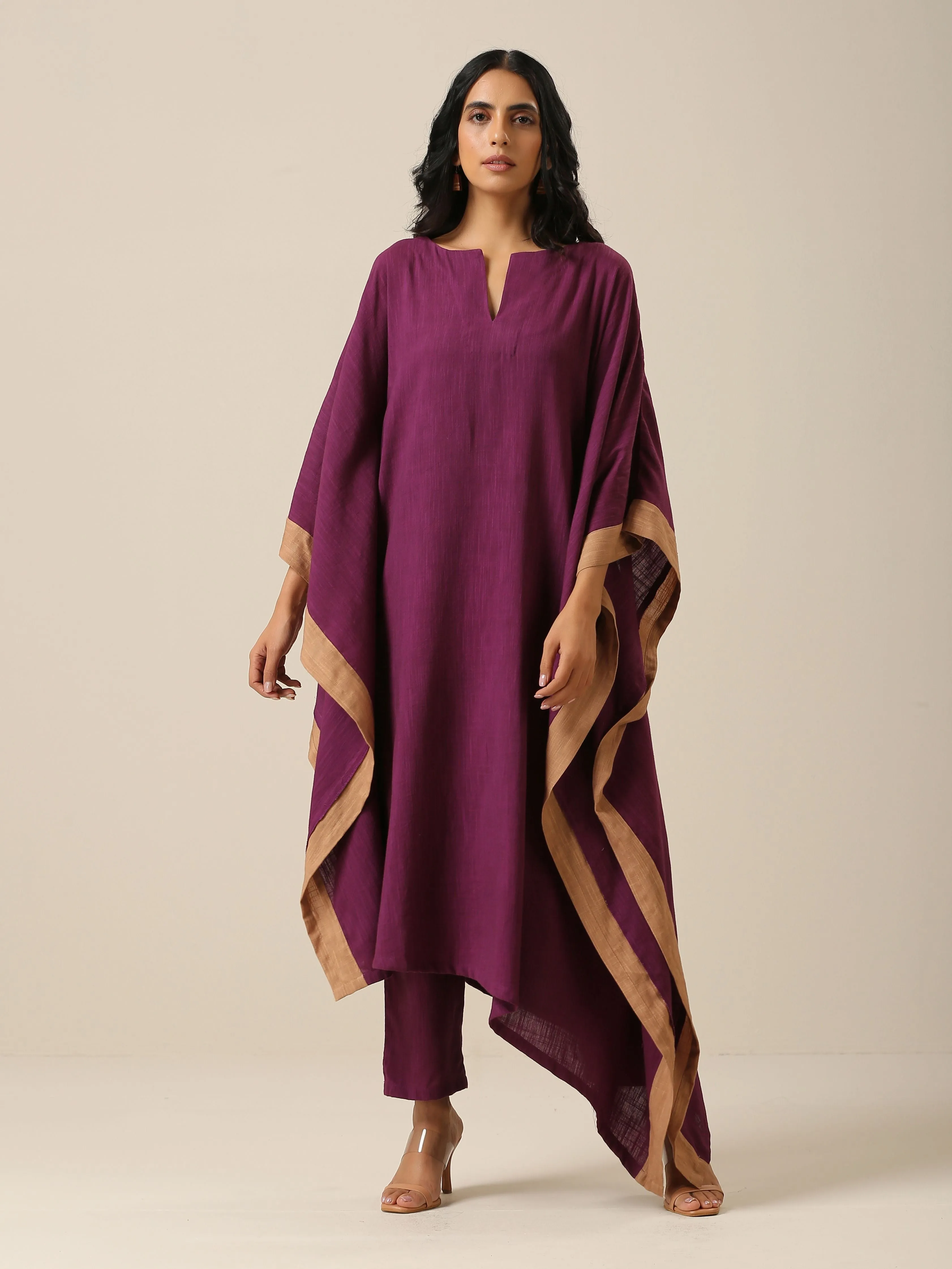 Plum Purple Slub Texture High Low Kaftan Pant Set