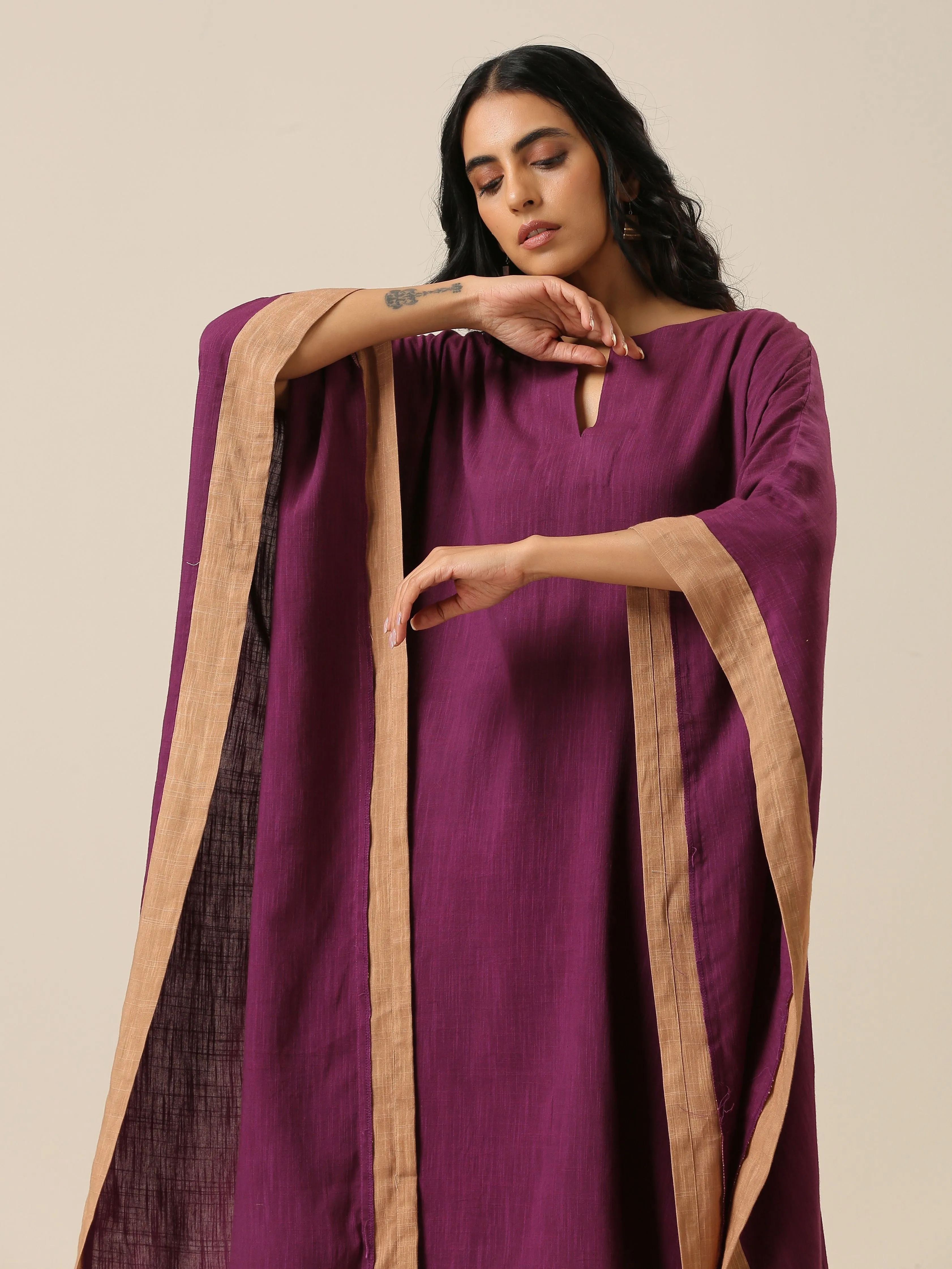 Plum Purple Slub Texture High Low Kaftan Pant Set