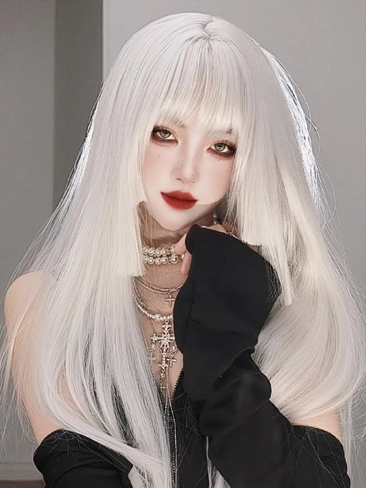 White Hime Cut Long Straight Synthetic Wig